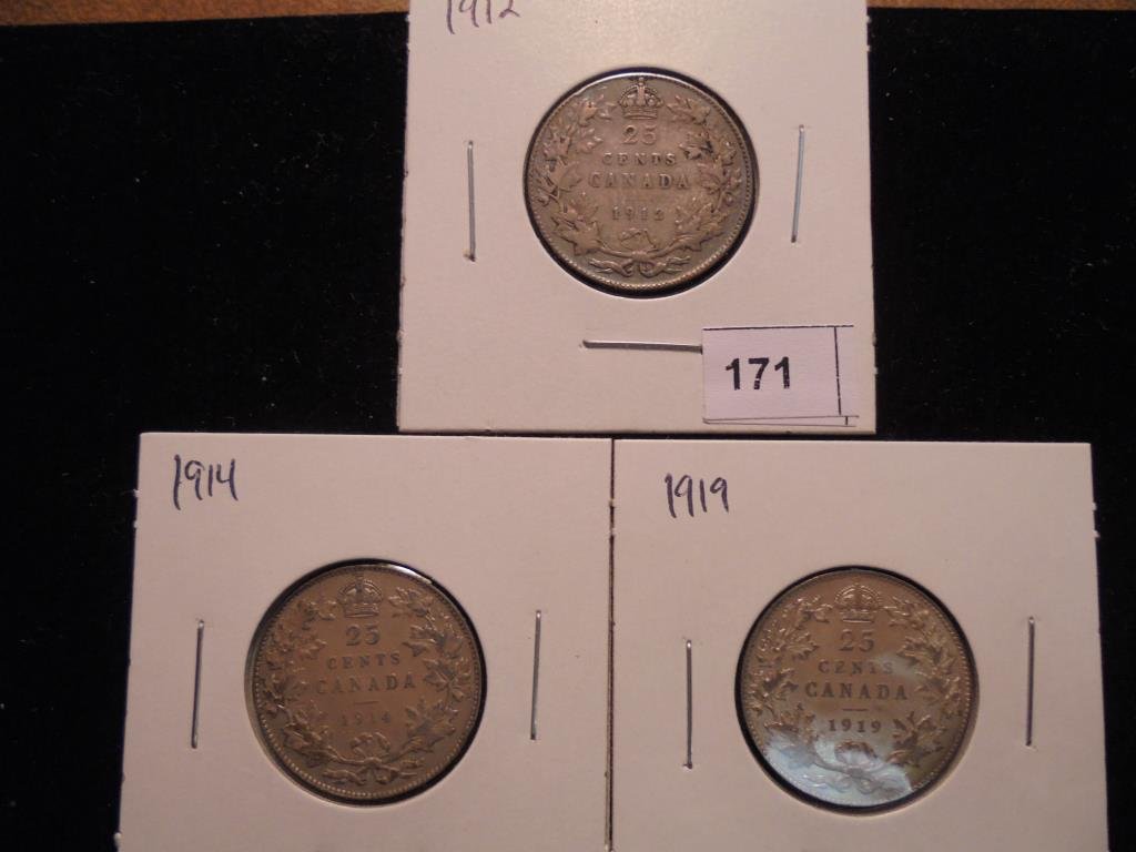 1912,14 & 19 CANADA SILVER 25 CENTS (1 of 2)