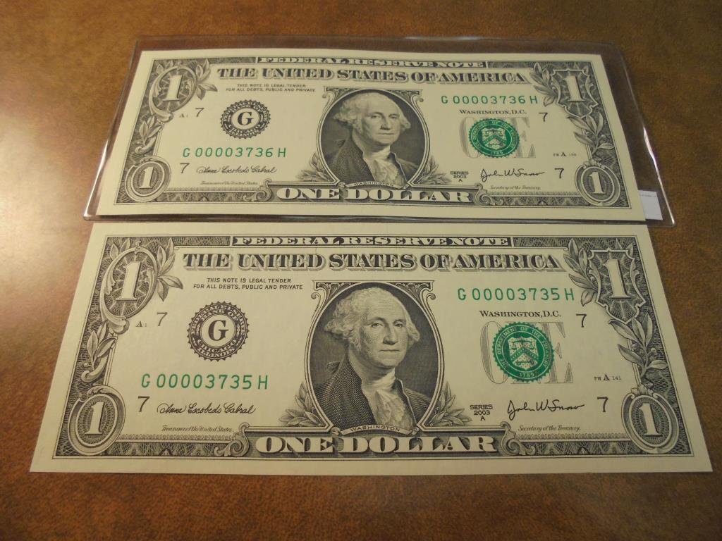 2-2003-A $1 FRN'S LOW CONSECUTIVE SERIAL 'S UNC SERIAL: SERIAL NUMBERS ARE:G00003735H-G00003736H