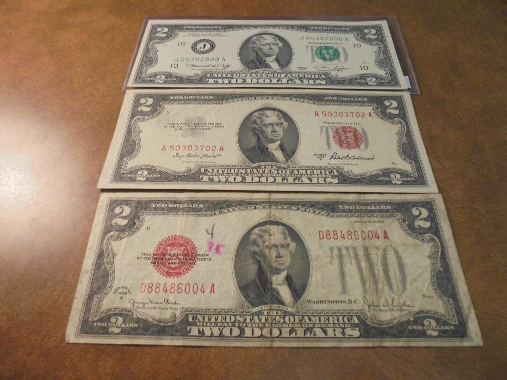 1928-G,53-A & 1976 $2 US BILLS 28-G & 53-A ARE RED (1 of 2)