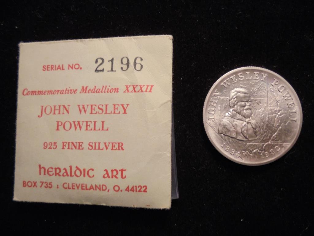 JOHN WESLEY POWELL .925 FINE SILVER COMMEMORATIVE: MEDALLION XXXII UNC ORIGINAL MINT PACKAGING BY HERALDIC ART
