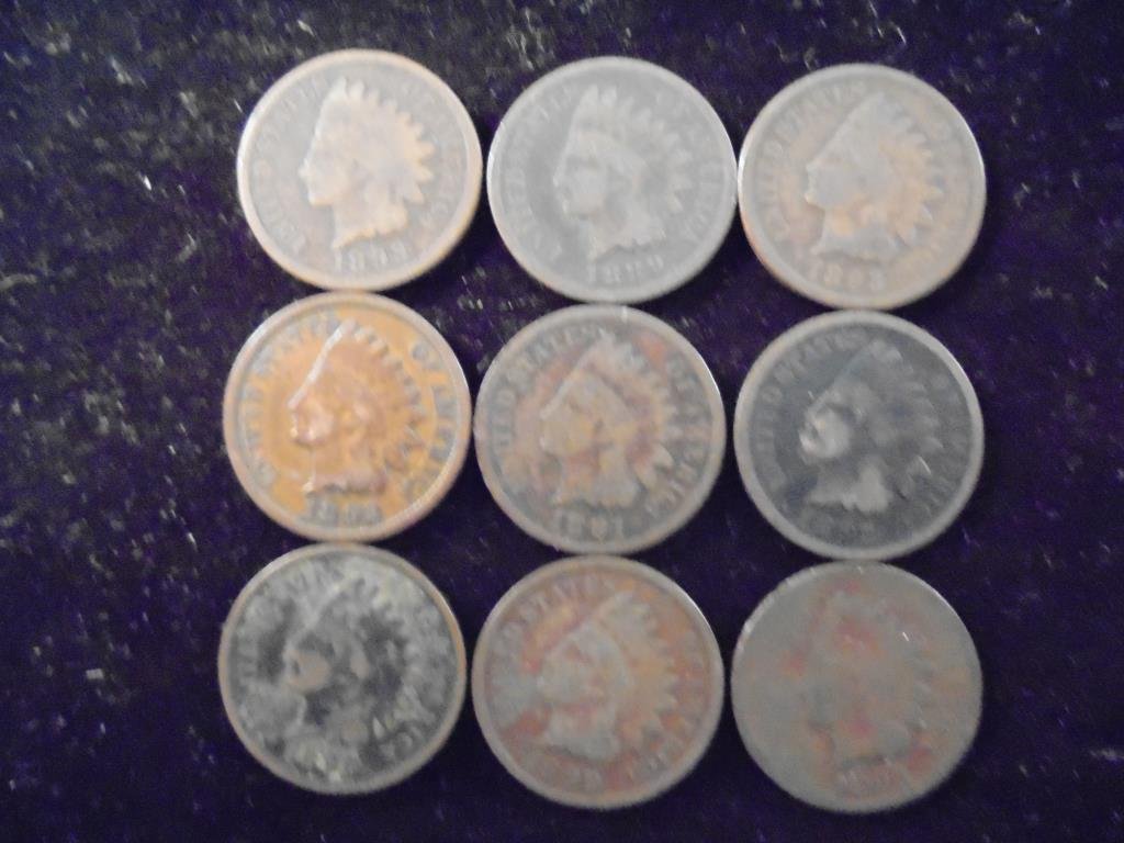 9 ASSORTED 1880'S & 90'S INDIAN HEAD CENTS (1 of 2)