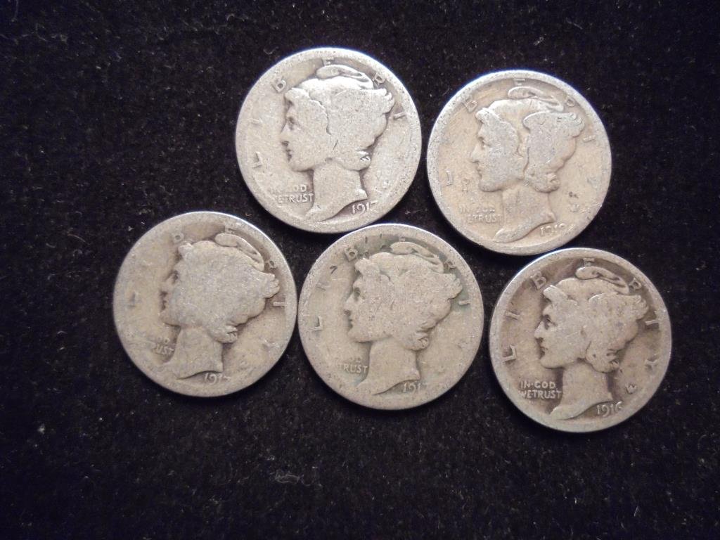 5 ASSORTED TEEN'S MERCURY DIMES (1 of 2)