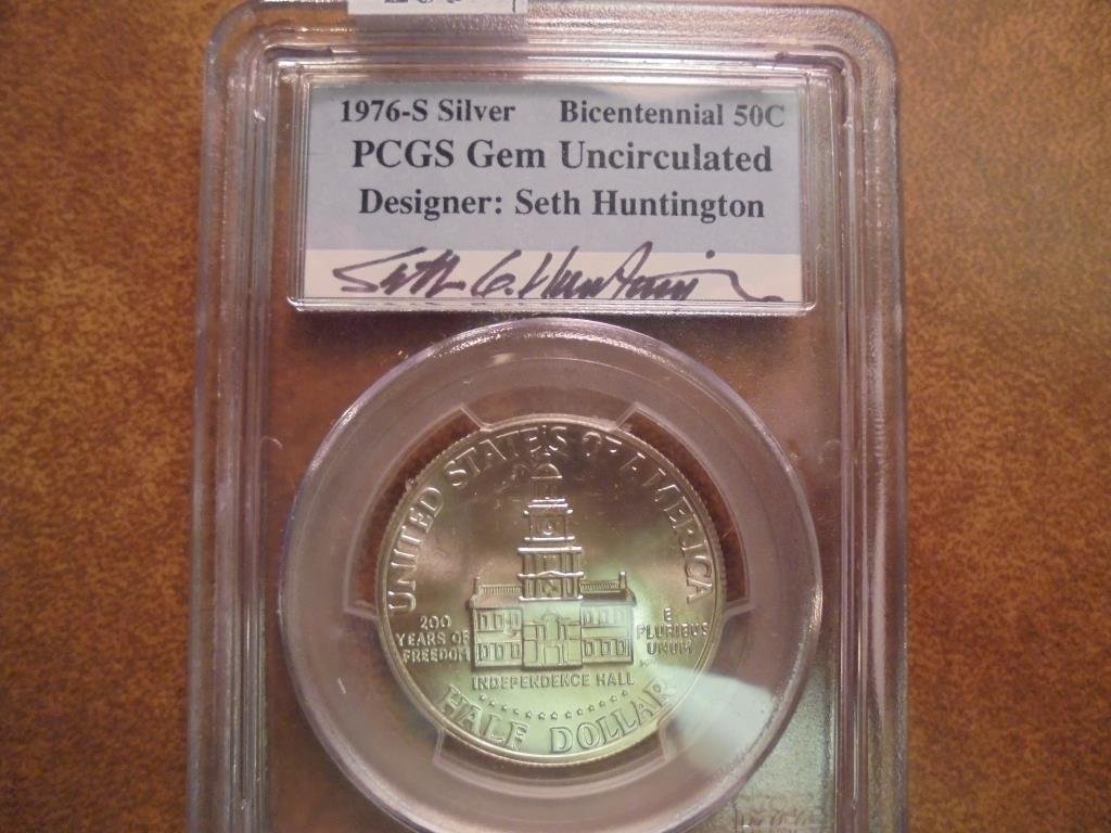 1976-S JFK BICENTENNIAL SILVER HALF PCGS GEM UNC: SIGNED BY DESIGNER SETH HUNTINGTON