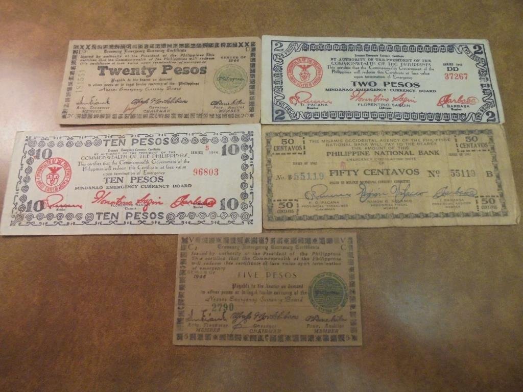 50 CENTAVOS, 2,510 & 20 PESOS WWII PHILIPPINES (1 of 2)