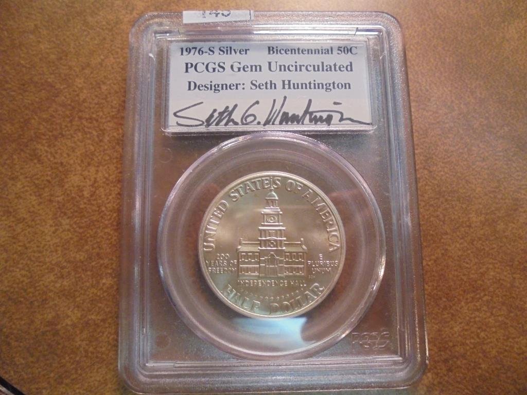 1976-S SILVER BICENTENNIAL HALF PCGS GEM UNC: SIGNED BY DESIGNER SETH HUNTINGTON