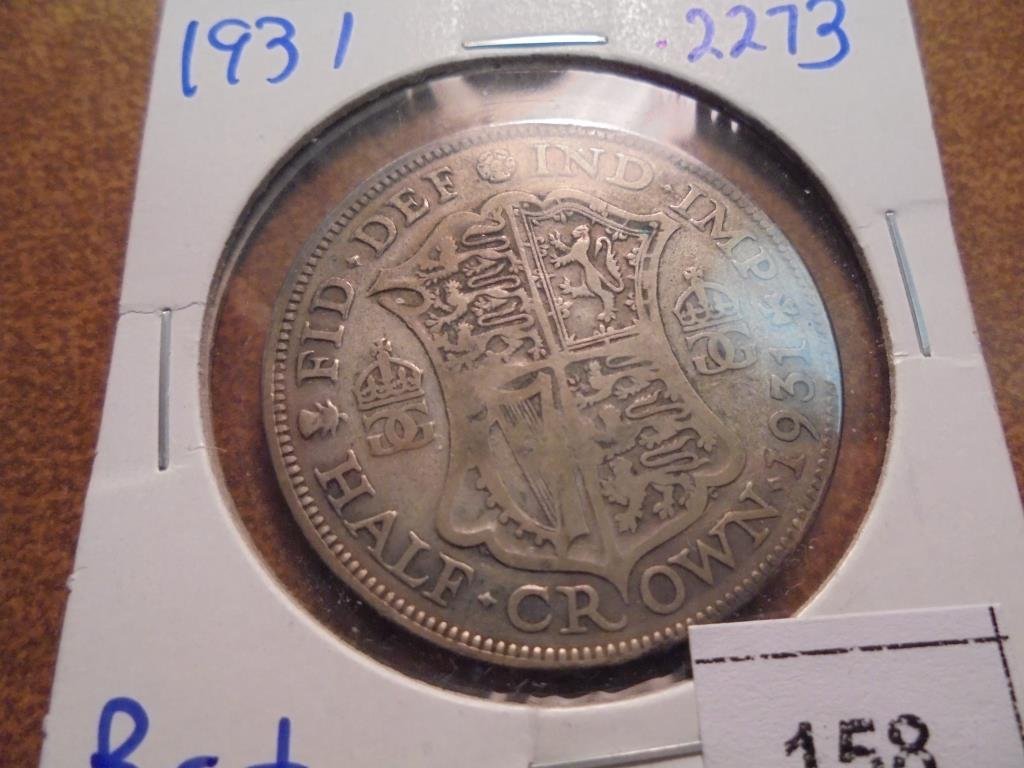 1931 GREAT BRITAIN SILVER HALF CROWN .2273 OZ. ASW: You must call or email us with your credit card number directly