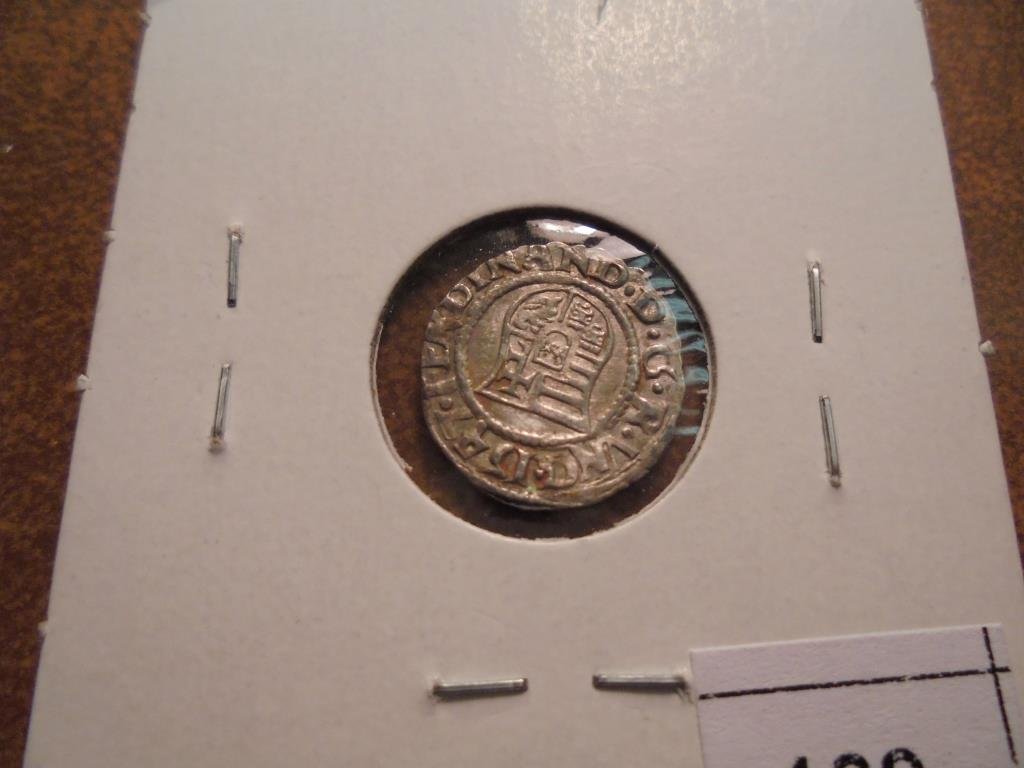 CIRCA 1526-64 HUNGARY SILVER DENAR FERDINAND I ERA: HOLY ROMAN EMPIRE AR DENAR DEPICTING THE HUNGARIAN COAT OF ARMS WITH MADONNA AND CHILD VERSO.