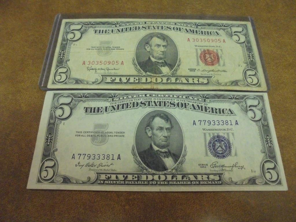 1953 $5 SILVER CERTIFICATE & 1963 $5 US NOTE (1 of 2)