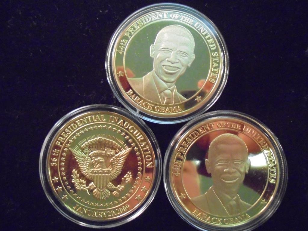 3-2009 BARACK OBAMA INAUGURATION TOKENS (PF): ALL THREE ARE GOLD IN COLOR AND ARE SILVER DOLLAR SIZED.