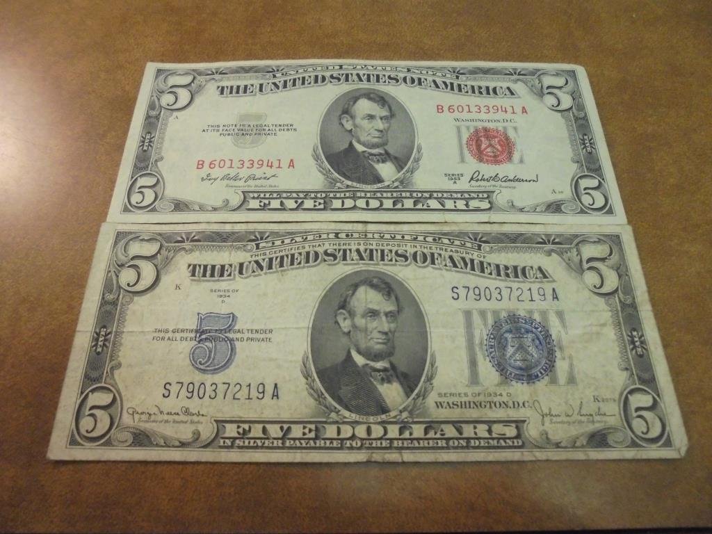 1934-D $5 SILVER CERTIFICATE & 1953-A $5 US NOTE (1 of 2)