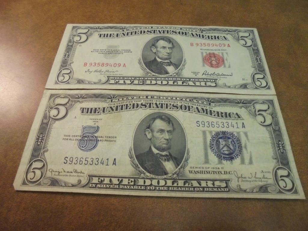 $5 US CURRENCY 1934-D SILVER CERTIFICATE & 1953-A (1 of 2)