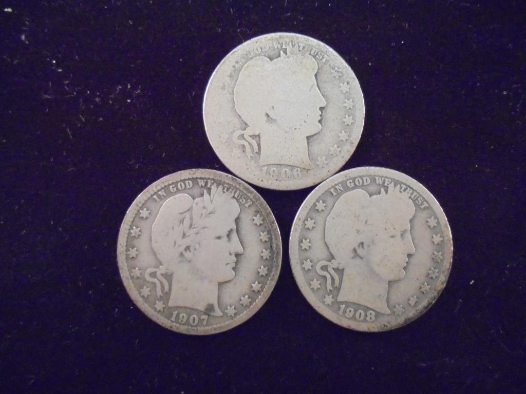 1906-D,-7 & 08 BARBER QUARTERS: You must call or emial us your credit card directly. Our phone number is 1-763-862-8302 and our email is bidalotauction@aol.com. Thanks.