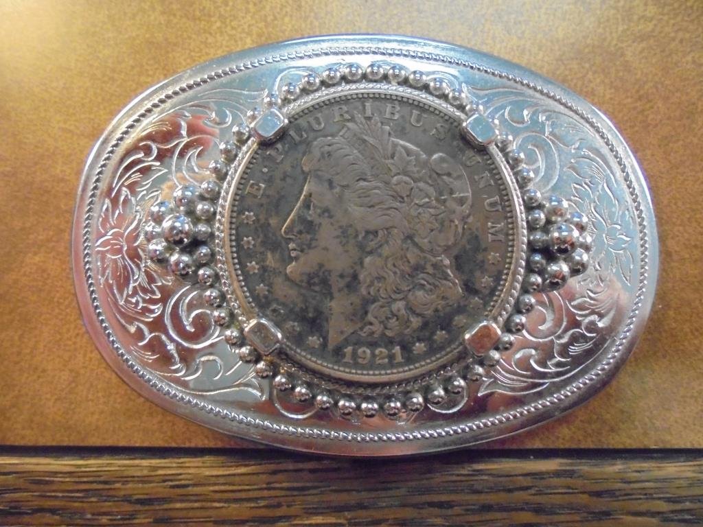 BELT BUCKLE WITH 1921 MORGAN SILVER DOLLAR: You must call or email us your credit card directly. Our phone number is 1-763-862-8302 and our email is bidalotauction@aol.com. Thanks.