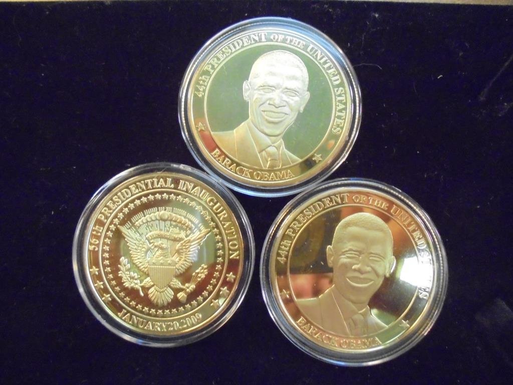 3-2009 BARACK OBAMA INAUGURATION TOKENS (PF): ALL THREE ARE GOLD IN COLOR AND ARE SILVER DOLLAR SIZED.
