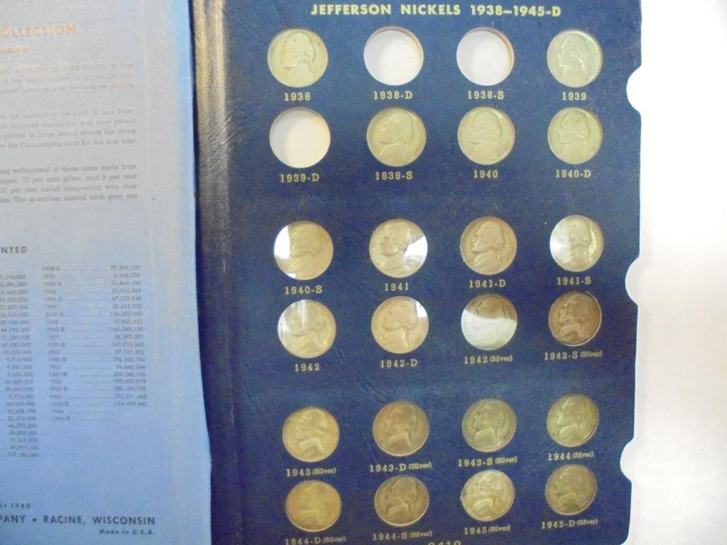 PARTIAL 1938-1964 JEFFERSON NICKEL SET 62 COINS: IN WHITMAN DELUXE ALBUM, INCLUDING ALL 11 35% SILVER JEFFERSON WAR NICKELS