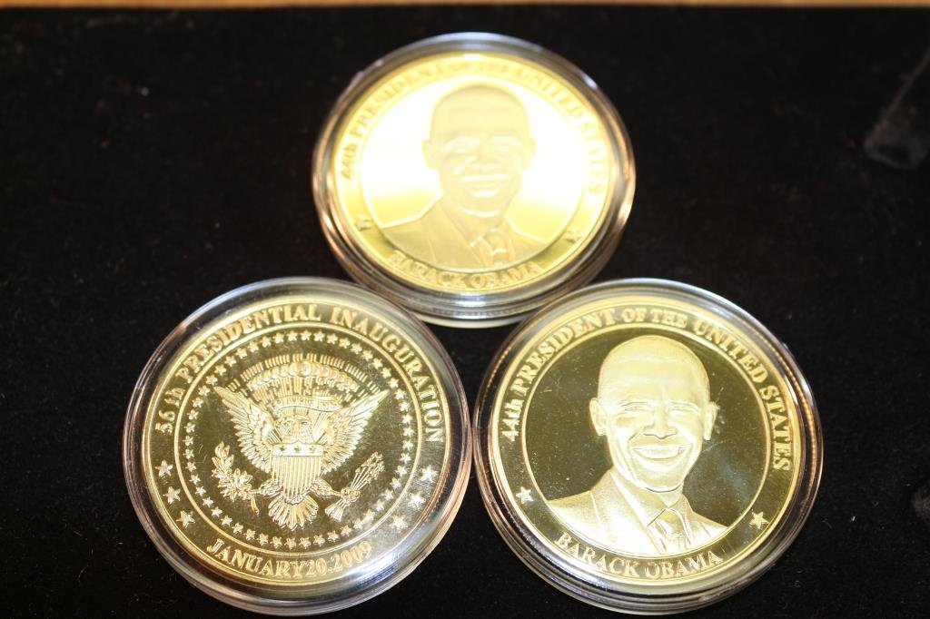 3-2009 BARACK OBAMA INAUGURATION TOKENS (PF): ALL THREE ARE GOLD IN COLOR AND ARE SILVER DOLLAR SIZED.