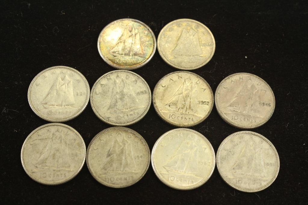 10 ASSORTED CANADA SILVER 10 CENTS (1 of 2)