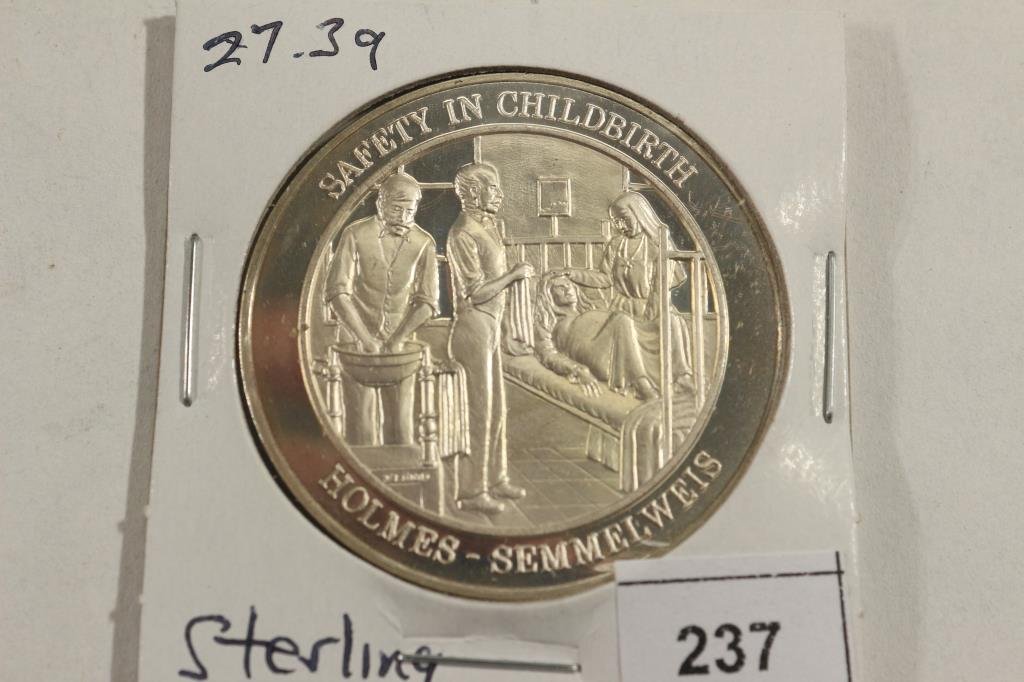 27.3 GRAM STERLING SILVER PROOF ROUND HOLMES-: SEMMELWEIS "SAFTEY AND CHILD BIRTH"