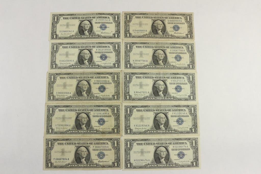 10 ASSORTED 1957 $1 SILVER CERTIFICATES (1 of 2)