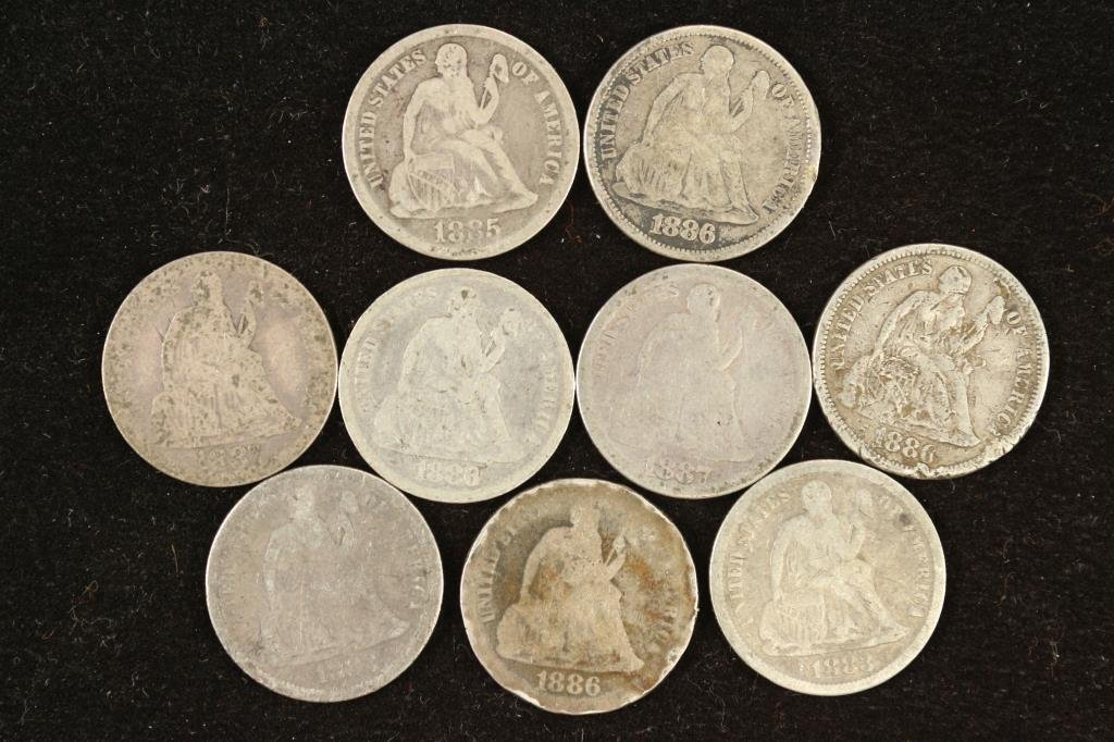 9 ASSORTED 1880'S SEATED LIBERTY DIMES (1 of 2)