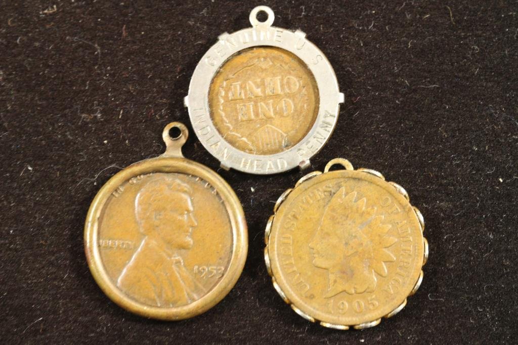 3 ASSORTED PENDANTS 1900 INDIAN HEAD CENT, 1905 (1 of 2)