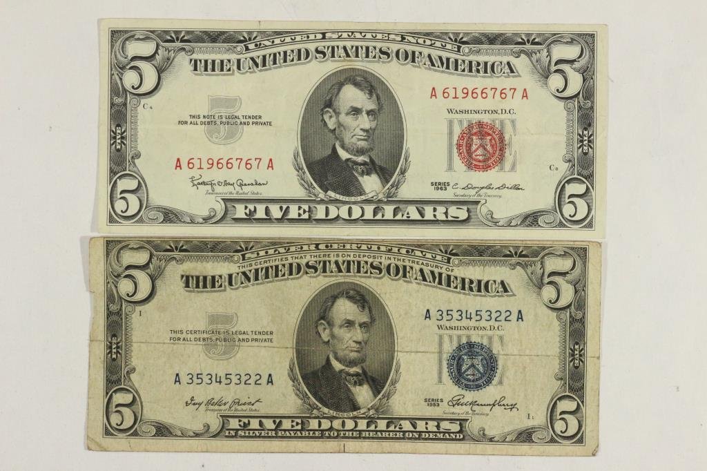1953 $5 SILVER CERTIFICATE & 1963 $5 US NOTE (1 of 2)
