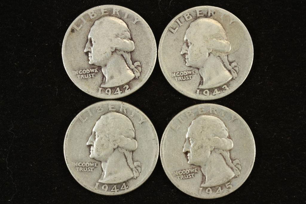 1942,43-D,44 & 45 WASHINGTON SILVER QUARTERS (1 of 2)