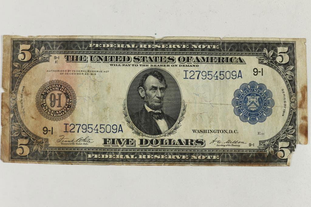 1914 LARGE SIZE $5 FEDERAL RESERVE NOTE BLUE SEAL (1 of 2)