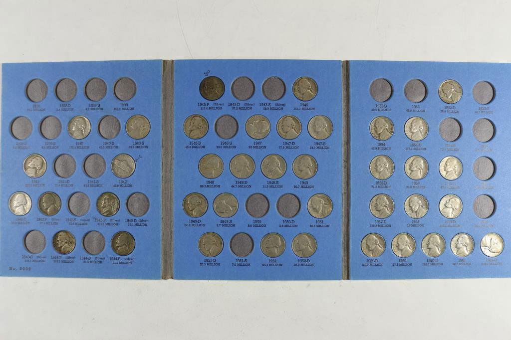 PARTIAL 1938-1961 JEFFERSON NICKEL SET 39 COINS: INCLUDING 5-35% SILVER JEFFERSON WAR NICKELS, IN WHITMAN ALBUM.