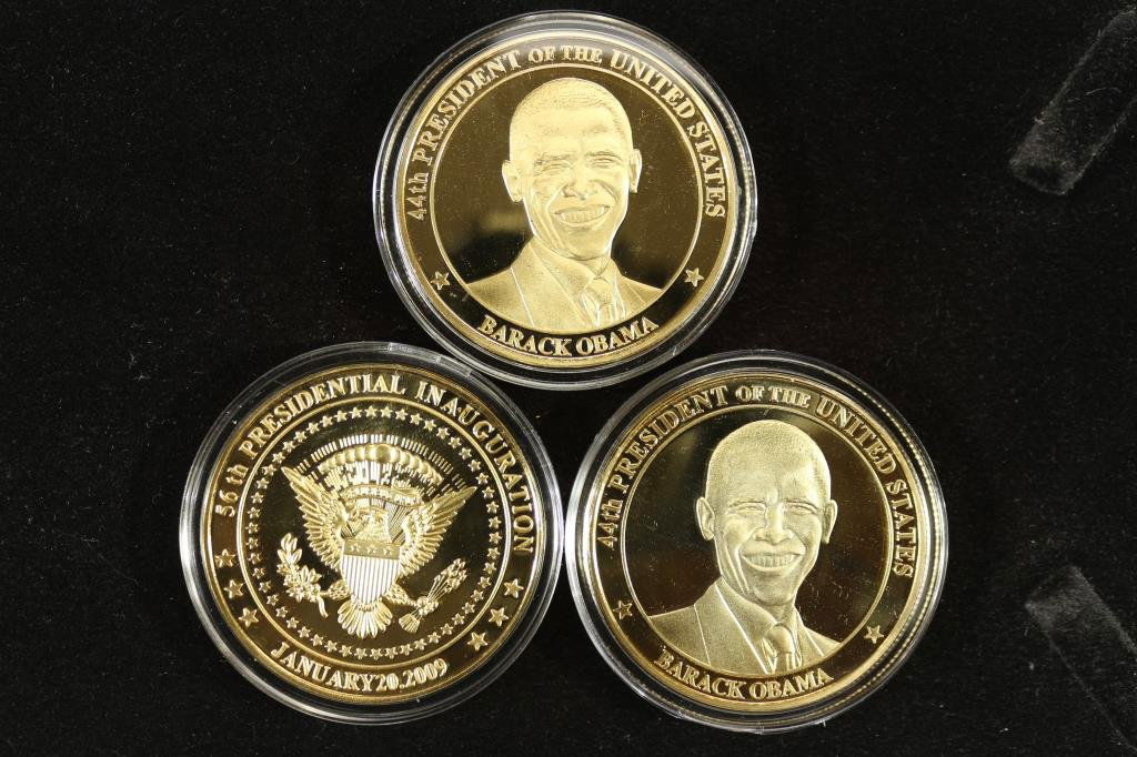 3-2009 BARACK OBAMA INAUGURATION TOKENS (PF): ALL THREE ARE GOLD IN COLOR AND ARE SILVER DOLLAR SIZED.