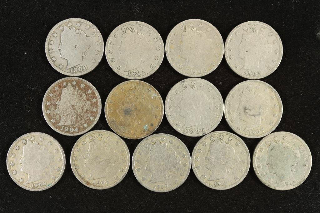 13 DIFFERENT DATE LIBERTY "V" NICKELS 1900-1912 (1 of 2)