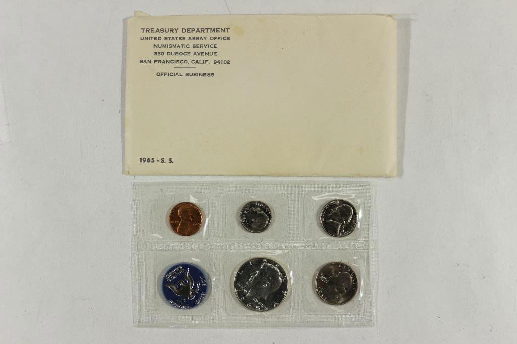 1965 US SPECIAL MINT SET WITH ENVELOPE: 40% SILVER JOHN F. KENNEDY HALF DOLLAR