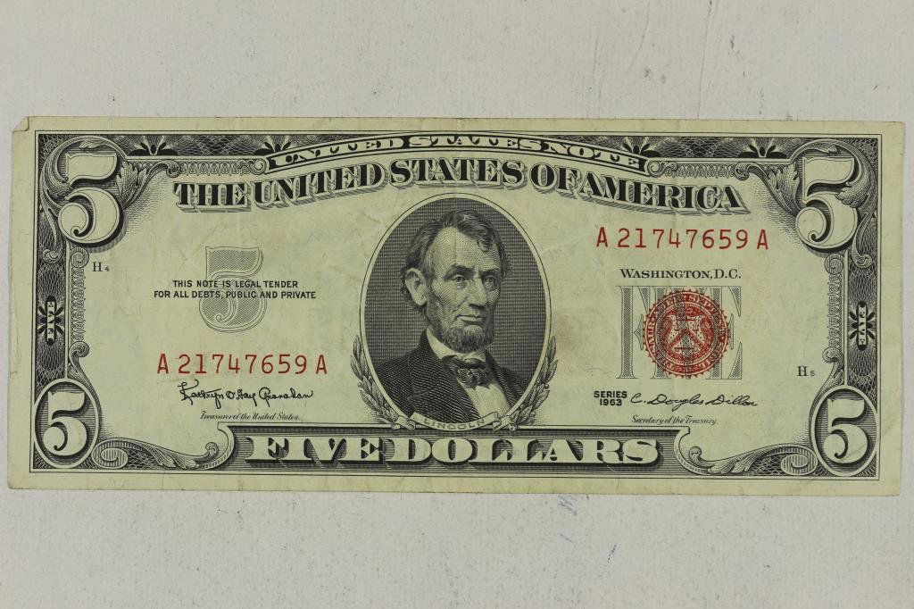 1963 $5 US NOTE RED SEAL (1 of 2)