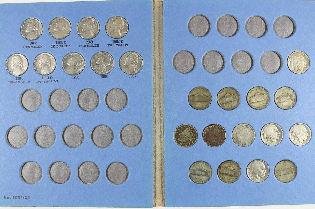 23-VARIOUS NICKEL TYPES IN WHITMAN ALBUM SEE DESC.: 3-LIBERTY "V" NICKELS, 4-BUFFALO NICKELS, 7-35% SILVER JEFFERSON WAR NICKELS AND 9-JEFFERSON NICKELS