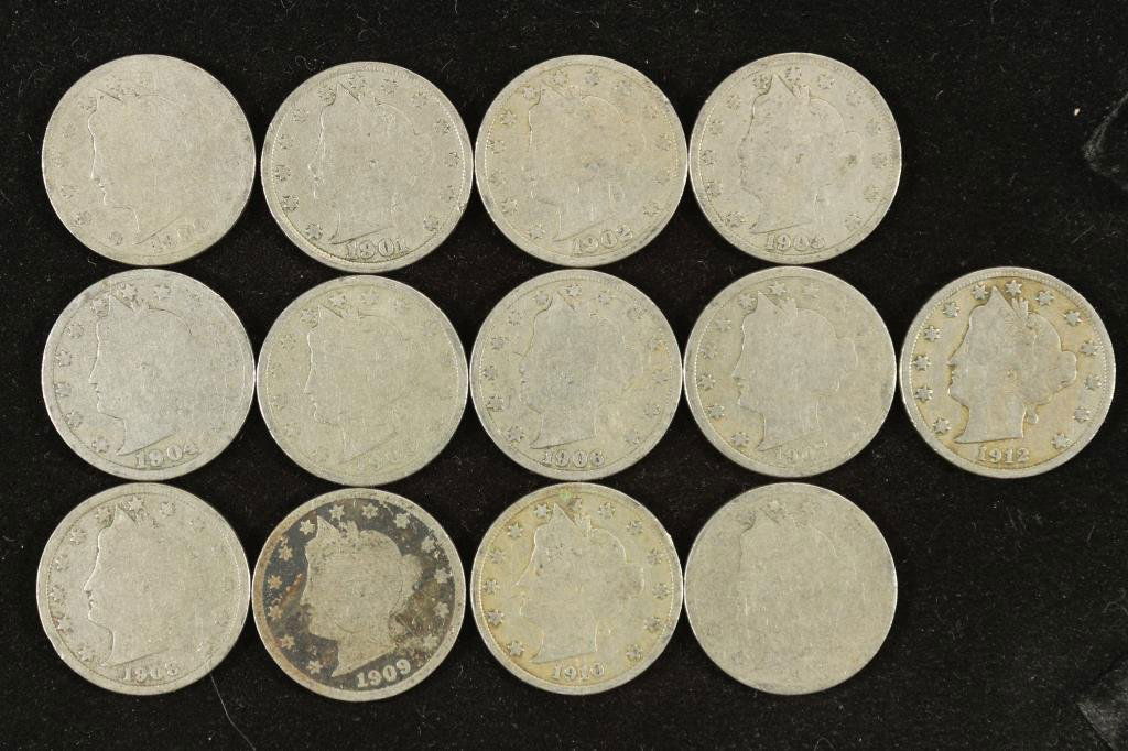 STARTER SET OF 13 LIBERTY "V" NICKELS 1900-1912 (1 of 2)