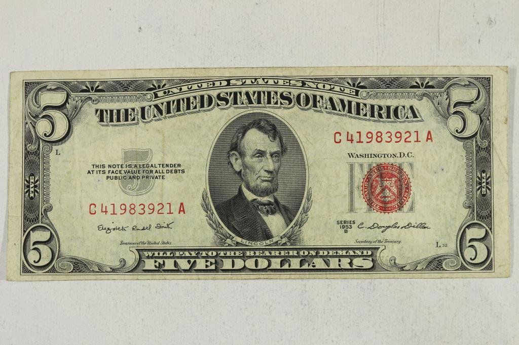 1953-B $5 US NOTE RED SEAL (1 of 2)