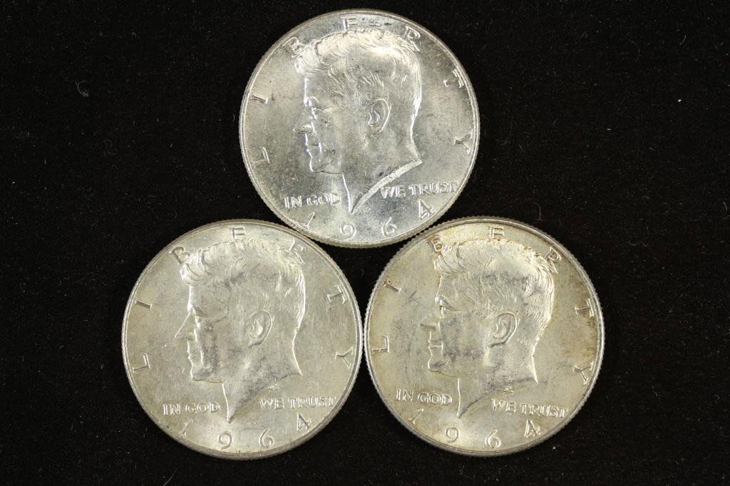 3 ASSORTED 1964 90% SILVER KENNEDY HALF DOLLARS (1 of 2)