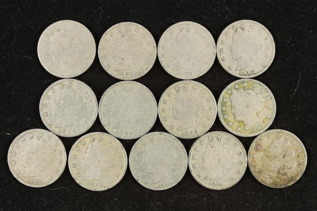 STARTER SET OF 13 LIBERTY "V" NICKELS 1900-1912 (1 of 2)
