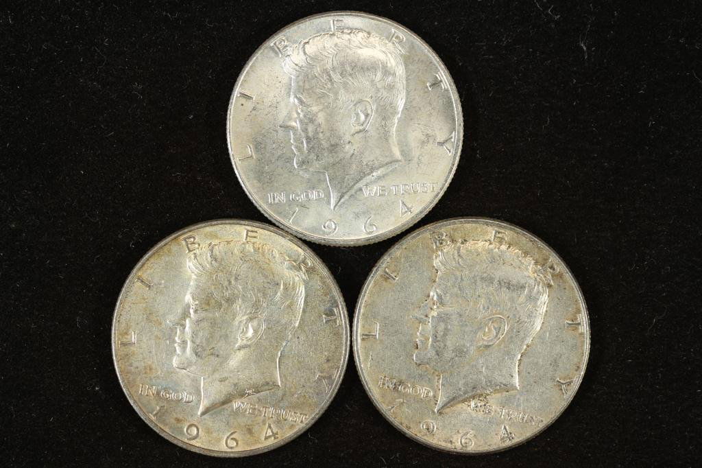 3 ASSORTED 1964 SILVER 90% SILVER KENNEDY HALVES (1 of 2)