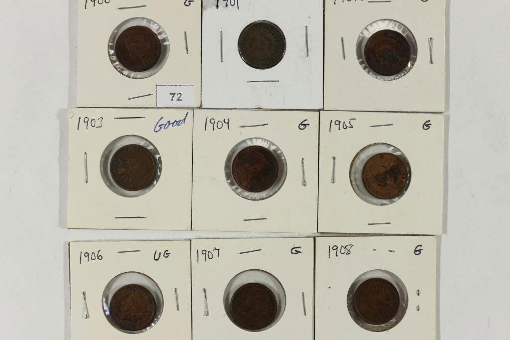 1900-1908 INDIAN HEAD CENTS 9 COINS ALL DIFFERENT (1 of 2)