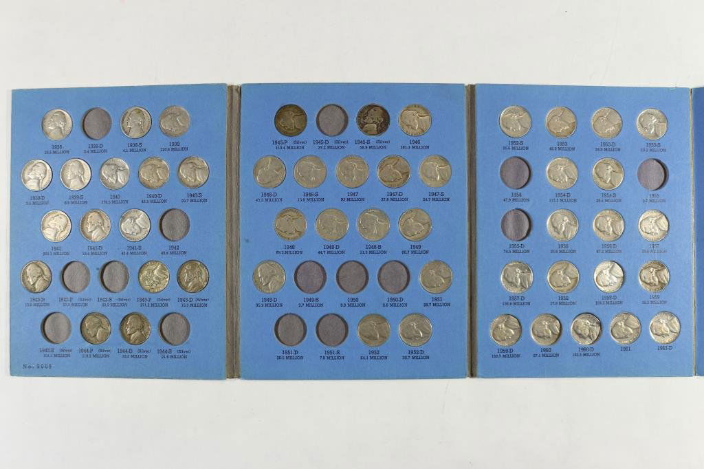 PARTIAL 1938-1961 JEFFERSON NICKEL SET 50 COINS: 6 OF WHICH ARE 35% SILVER JEFFERSON WAR NICKELS, IN WHITMAN ALBUM
