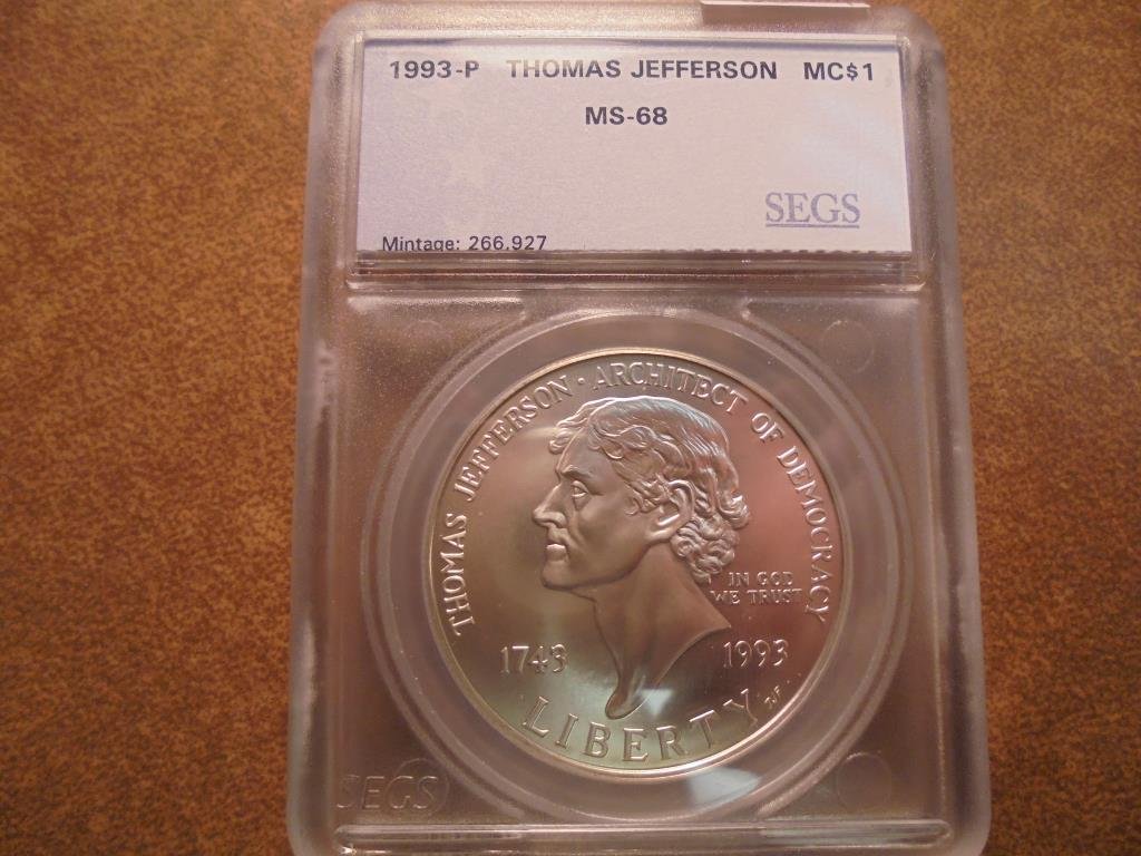 1993-P THOMAS JEFFERSON COMMEMORATIVE SILVER $ UNC SEGS: SEGS SLAB
