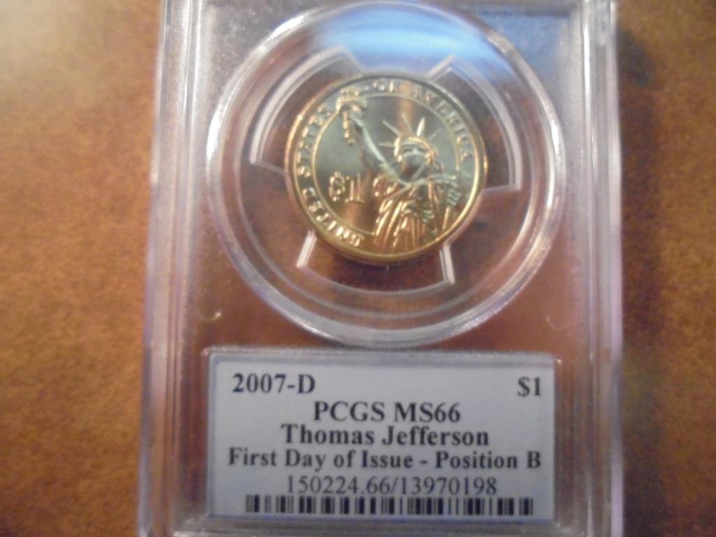 2007-D THOMAS JEFFERSON DOLLAR PCGS MS66 POS. B 1ST DAY: 1ST DAY ISSUE