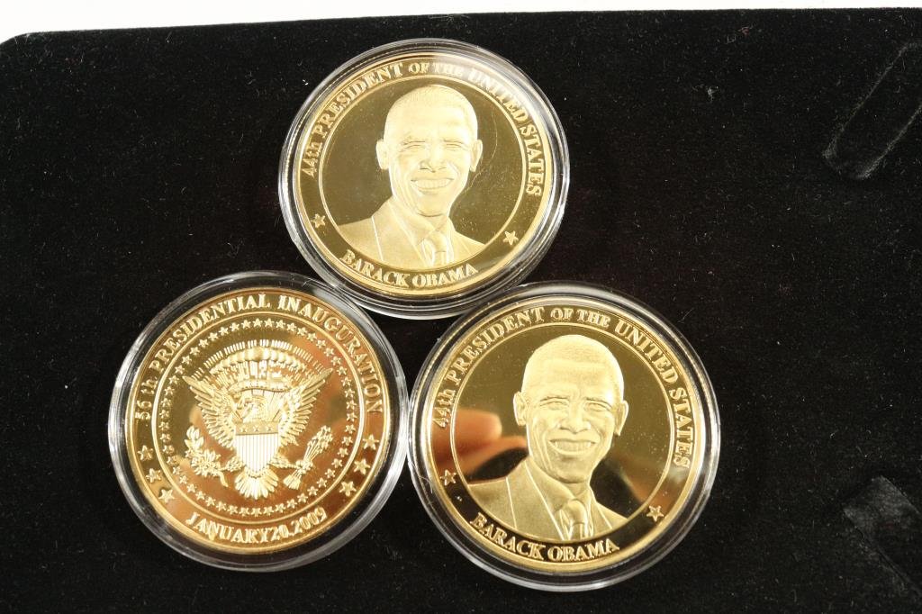 3-2009 BARACK OBAMA INAUGURATION TOKENS (PF): ALL THREE ARE GOLD IN COLOR AND ARE SILVER DOLLAR SIZED.