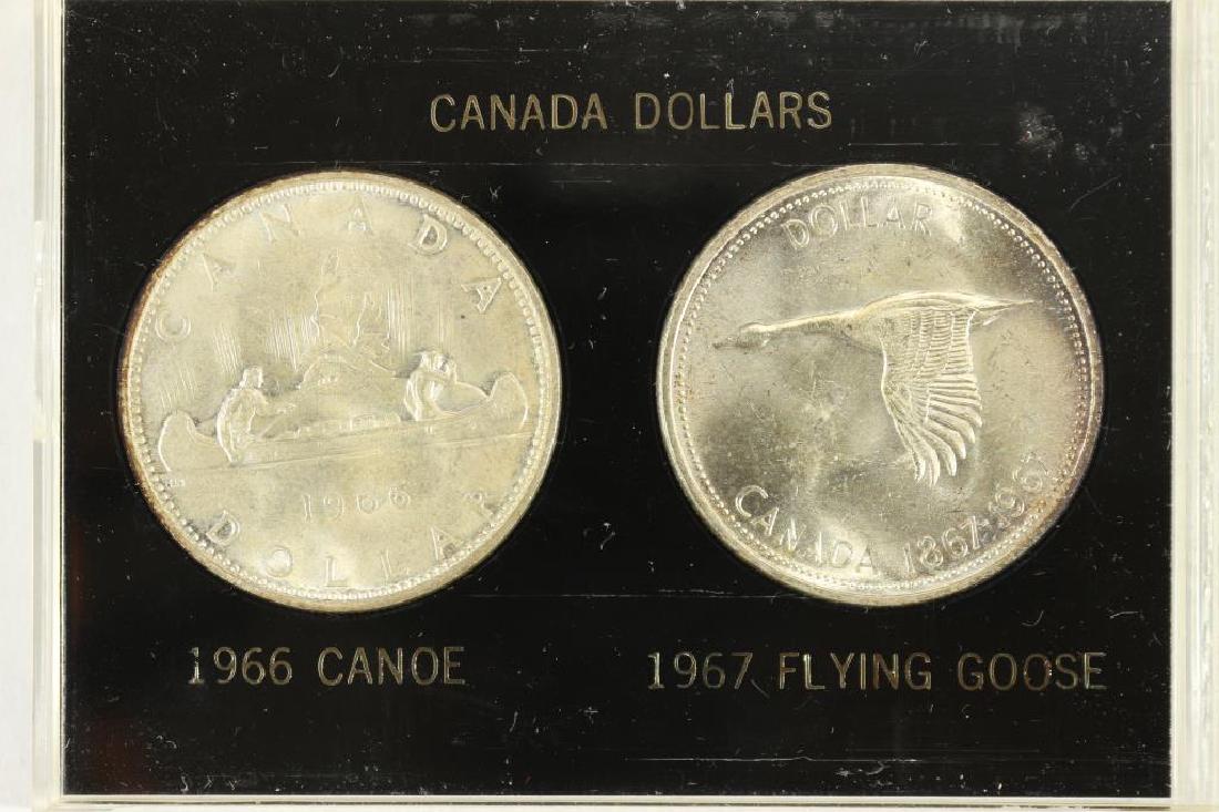 CANADA 1966 CANOE & 1967 FLYING GOOSE SILVER $'S: UNC IN PLASTIC CASE