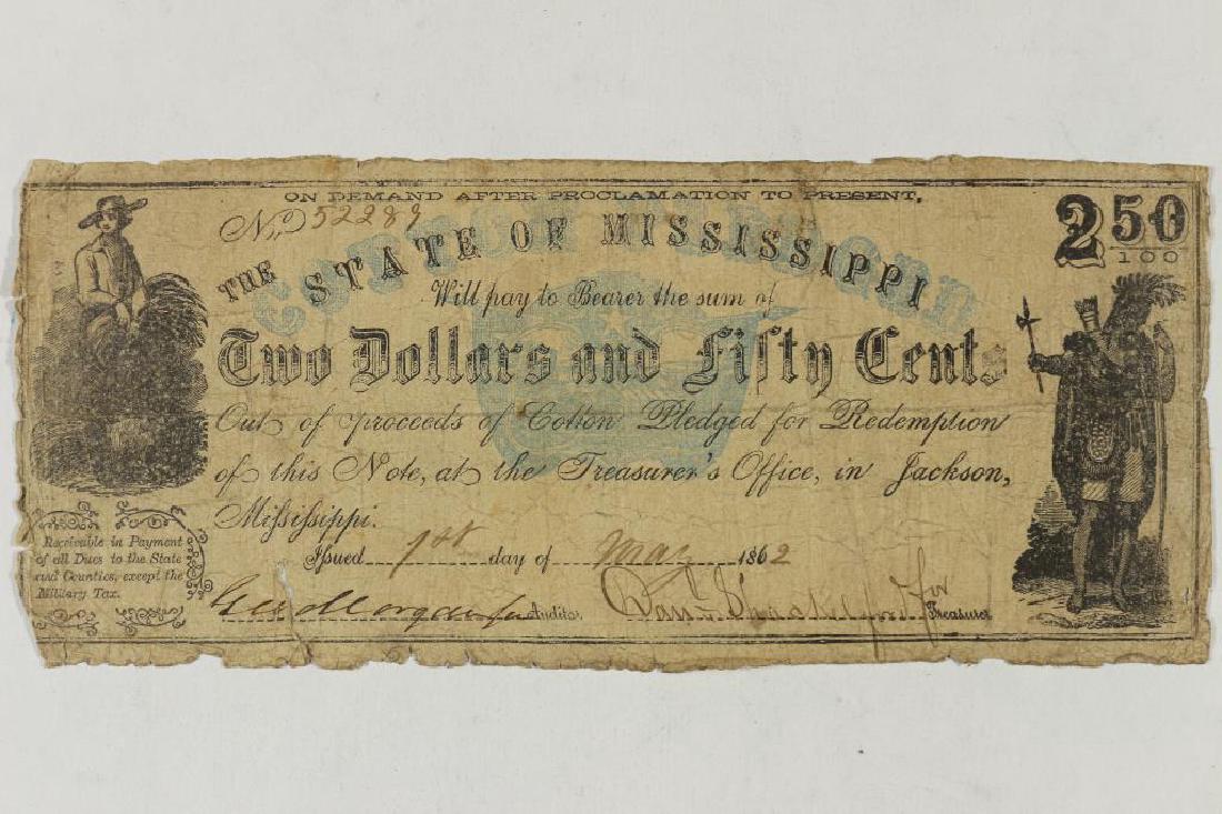 1862 STATE OF MISSISSIPPI $2 1/2 OBSOLETE BANK (1 of 2)