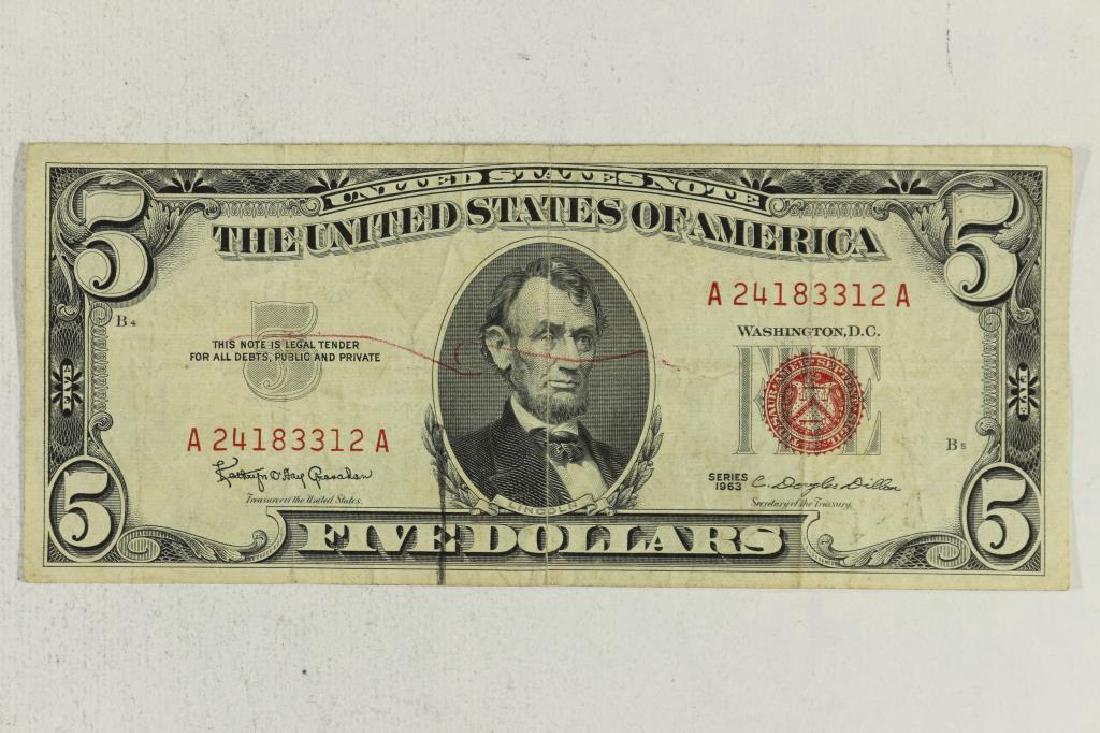 1963 US $5 NOTE RED SEAL RED PEN MARK ON FRONT (1 of 2)
