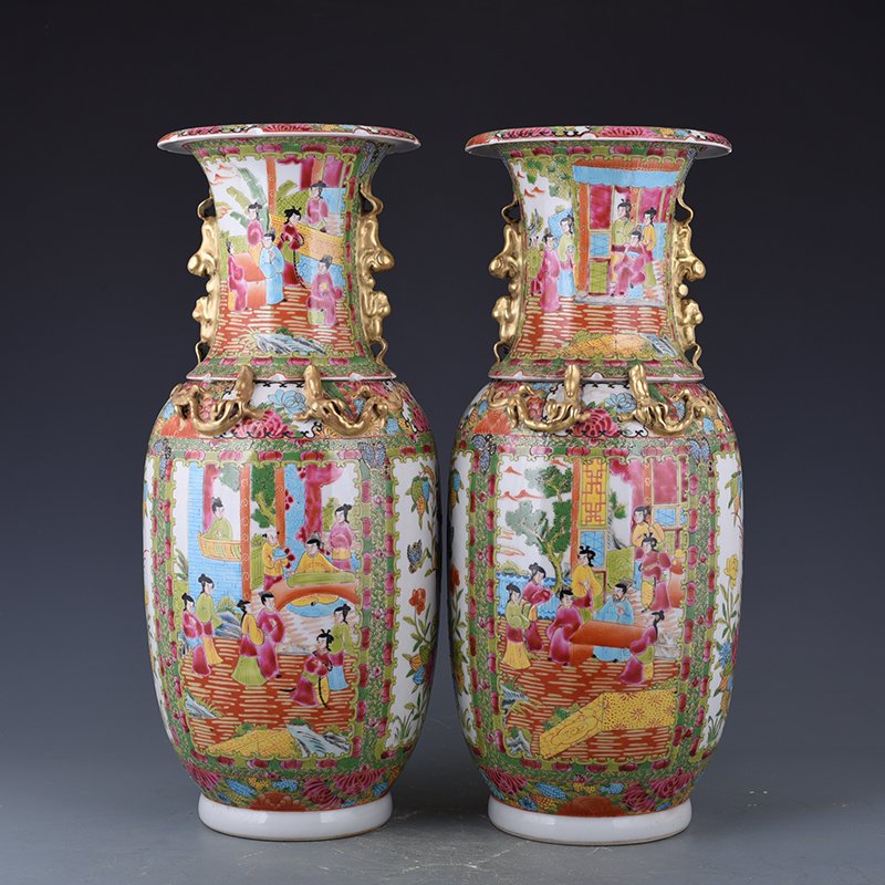 Pair Chinese Qing Dynasty famille rose porcelain vases (1 of 10)