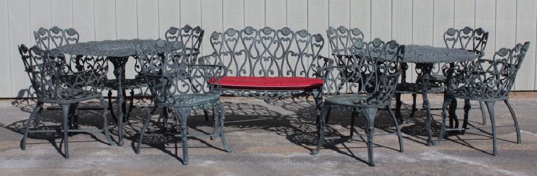 Victorian-Style Cast Aluminum Garden Furniture: Set of Victorian-Style Cast Aluminum Garden Furniture, with verdigris finish, 20th C., including a settee, 2 tables and 8 chairs (JWHI2207/12){WK} Property Title: From the Estate of John C. Whitsell I