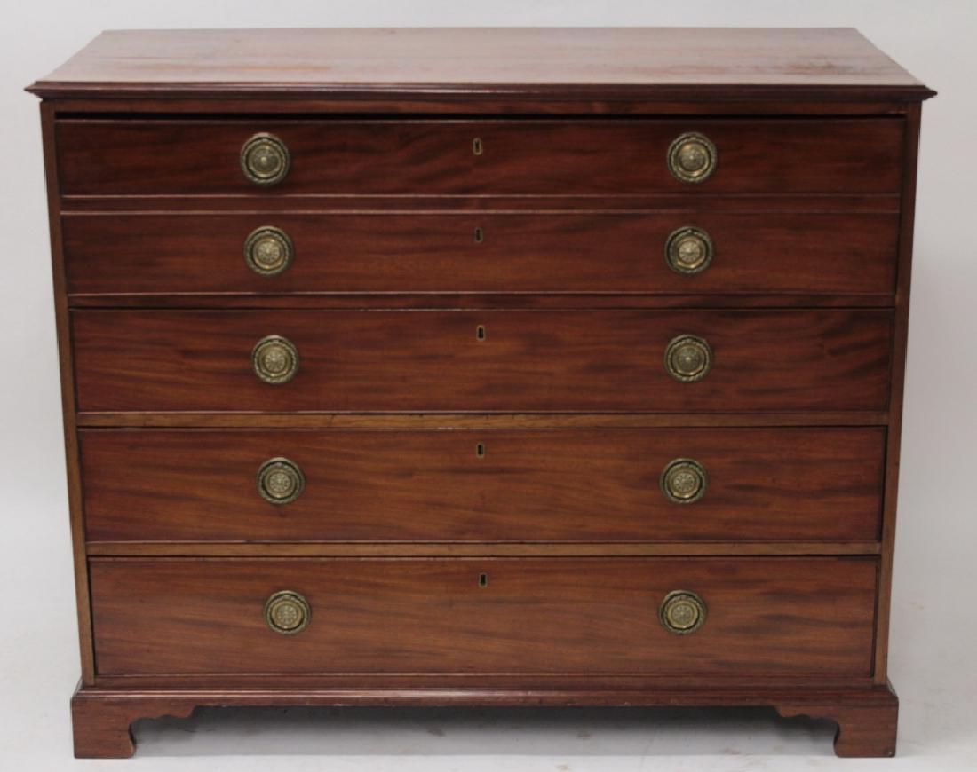 English Mahogany Butlers Desk, 19th C.: English Mahogany Butler's Desk, 19th century, with rectangular top and case fitted with a secretaire drawer and three long drawers, with brass hardware, on bracket feet, (SNIG2203){WK} Property Title: